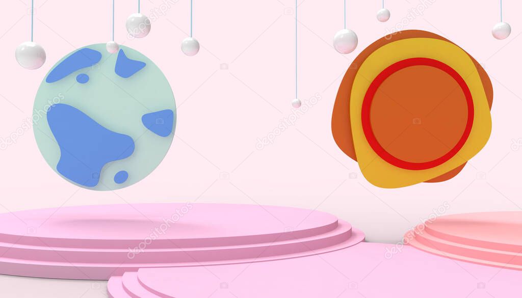 Planet Fantasy Display Concept Sun and World With ideas Podium Geometric shapes on red Background - 3d rendering - World Environment Day