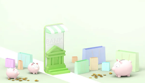 Online Banking Mobile Och Piggy Rosa Bank Spargrupper Med Online — Stockfoto