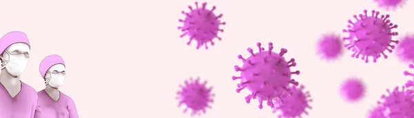 蓝色背景下显微镜危险细胞下的Covid 19和Coronavirus 3D图解艺术 — 图库照片