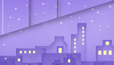 Kağıt sanatı Origami Şehir Mor Arkaplanda parlak ve parlak neon ve sarı ışıkları olan Geleceğe dönük Gece Kenti. Minimum ve retro tarzı illüstrasyon - 3D görüntüleme