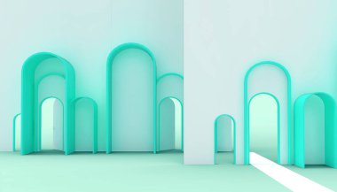 Kapı Minimum Fikir Uzay Odası ve Yaratıcı İş Konsepti Mavi - Yeşil Arkaplan - 3D Hazırlama