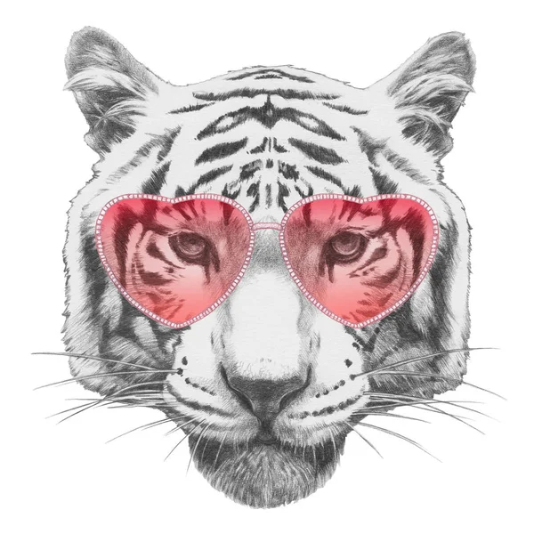 Tigre con bicchieri a forma di cuore — Foto Stock