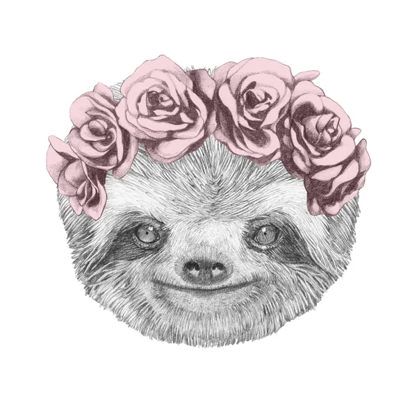 Portrét lenochod s květinovým hlavy věnec — Stock fotografie