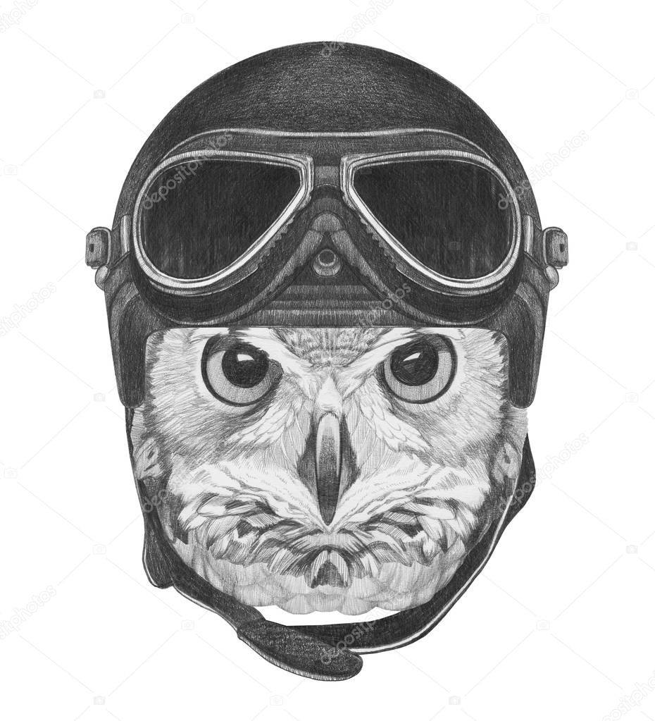 Portrait of Owl with Vintage Helmet.