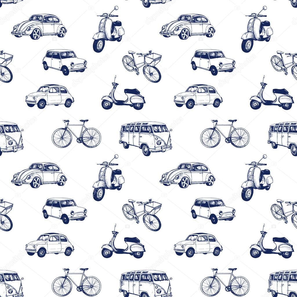 retro bicycles, bikes, buses, cars 