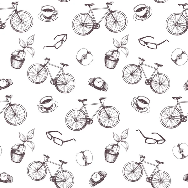 Bicyclettes, tasses, plantes, pommes fond — Image vectorielle