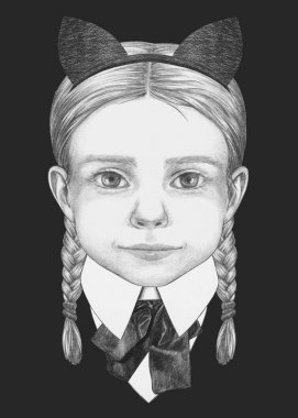 Yavru kedi kulakları ile takım elbiseli kız portresi