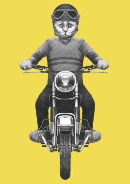 Örme kazak ve kask antropomorfik binme vintage motosiklet elle çizilmiş çizimi