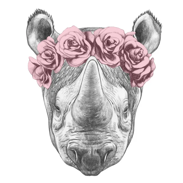 Joli Croquis Portrait Rhinocéros Couronne Roses Isolé Sur Blanc — Photo