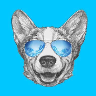 Havacı güneş gözlüğü Galce Corgi köpek güzel kroki portresi mavi dağlar yansıması ile