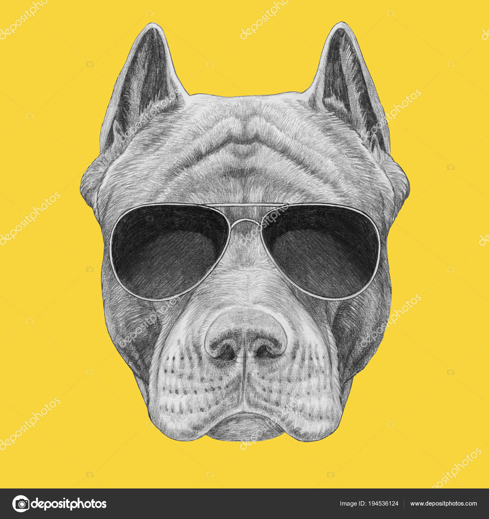 Download Funny Sketch Pit Bull Portrait Aviator Sunglasses Yellow Stock Photo Image By C Victoria Novak 194536124