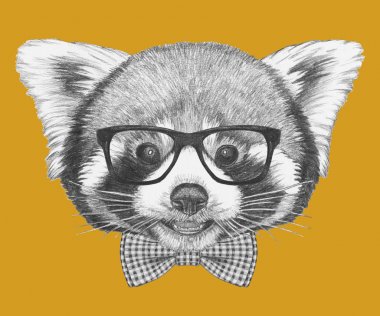 Çok güzel kırmızı panda portre hipster gözlük ve papyon sarı kroki