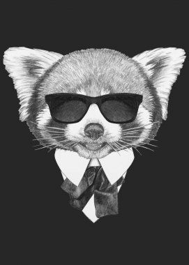 Çok güzel kırmızı panda kroki portre hipster güneş gözlüğü ve siyah papyon