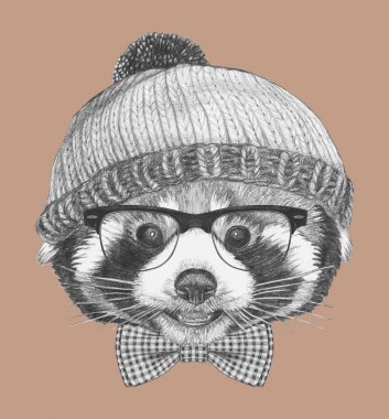 Çok güzel kırmızı panda portre kitted şapka ve papyon bej üzerinde kroki