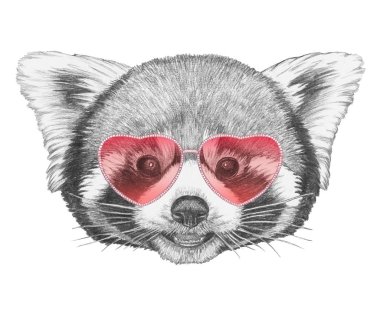 Çok güzel kırmızı panda kroki portre üzerinde beyaz izole kalp şeklinde güneş gözlüğü,