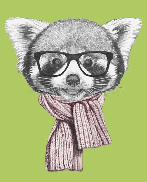 Bello Schizzo Panda Rosso Ritratto Sciarpa Occhiali Hipster Verde — Foto Stock