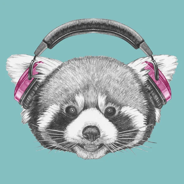 Indah Gambar Panda Merah Potret Headphone Pada Biru — Stok Foto