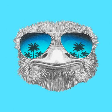 Devekuşu havacı güneş gözlüğü içinde komik skeç portresi ve palmiye ağaçlarının mavi yansıma ile