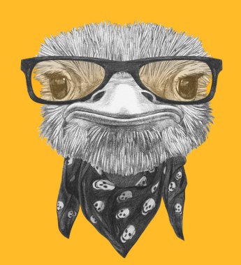Devekuşu hipster gözlük ve bandana kafatasları sarı ile komik skeç portresi
