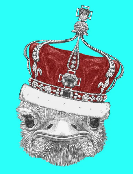 蓝色皇冠上鸵鸟的滑稽素描肖像 — 图库照片