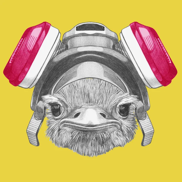 Funny Sketch Portrait Ostrich Respirator Yellow — Stock Photo, Image