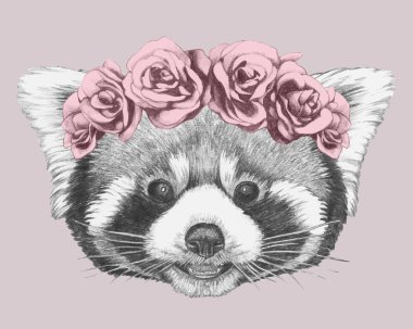 Kızıl Panda 'nın portresi. Çiçekli baş çelengi. El çizimi illüstrasyon