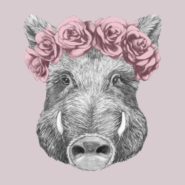 Çiçekli baş çelengi ile yaban domuzu portresi. El çizimi illüstrasyon