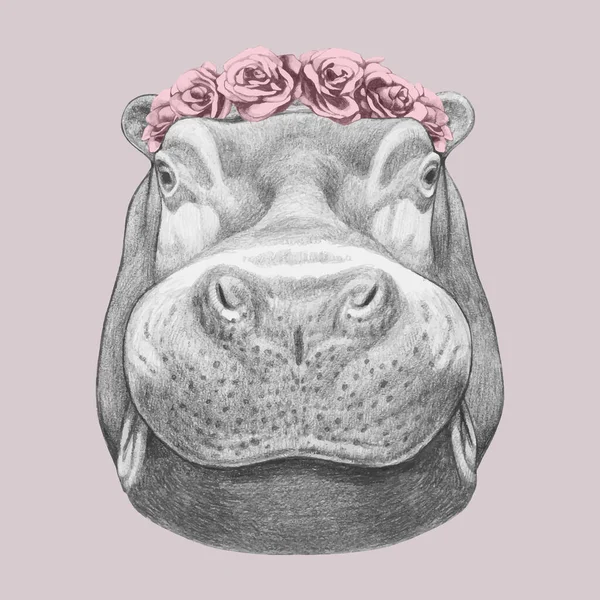 Hippo Portréja Virágkoszorúval Kézzel Rajzolt Illusztráció — Stock Vector