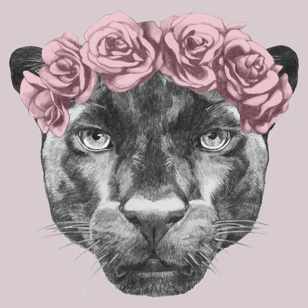 Portrét Panther Květinovými Hlavy Věnec Ručně Kreslenou Ilustrace — Stockový vektor