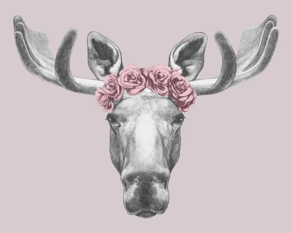 Ritratto Cervo Con Corona Teste Floreali Illustrazione Disegnata Mano Colore — Vettoriale Stock