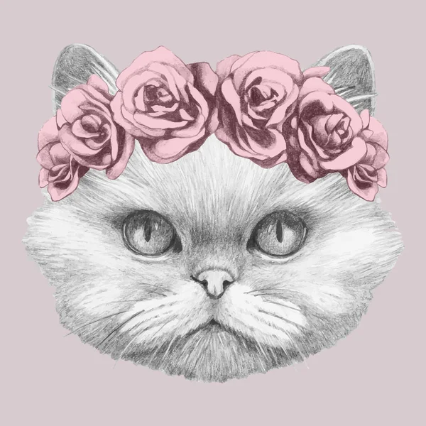 花頭花輪とペルシャ猫の肖像画 手描きイラスト — ストックベクタ
