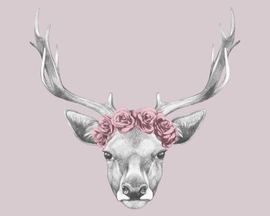 Çiçek baş çelenk ile portre geyik. Dijital renkli çizilmiş illüstrasyon.
