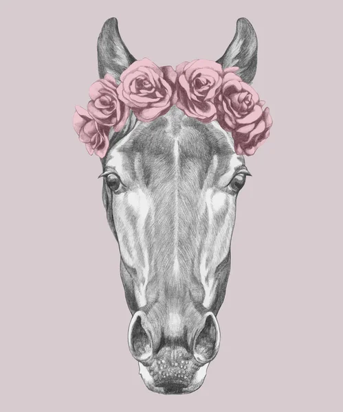 Ritratto Cavallo Con Corona Teste Floreali Illustrazione Disegnata Mano — Vettoriale Stock