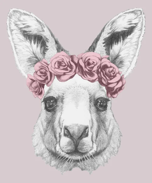 Portrét klokan s květinovými hlavy věnec. — Stockový vektor
