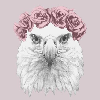 Eagle portresi çiçek baş çelenk ile. Elle çizilmiş illüstrasyon