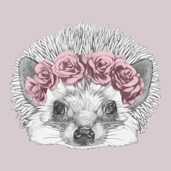 Portrait Hedgehog Floral Head Wreath Hand Drawn Illustration — 스톡 벡터