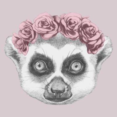 Lemur portresi çiçek baş çelenk ile. Elle çizilmiş illüstrasyon.