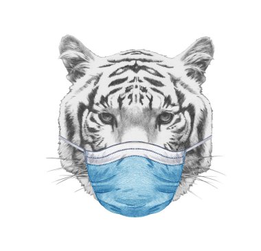 Tiger 'ın tıbbi maskeli portresi. Covid 2019 Corona virüsü
