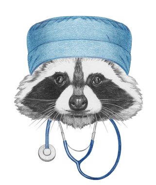 Steteskoplu bir rakun portresi, covid 2019 Corona virüsü.