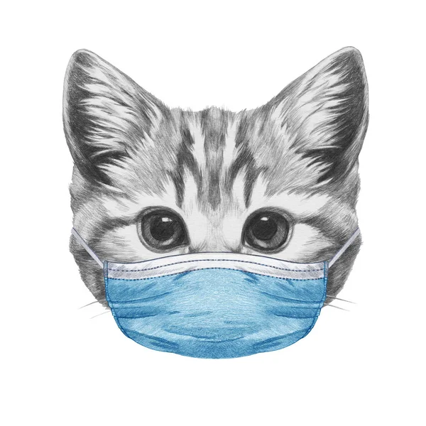 戴着医疗面具的猫的漂亮素描画像 — 图库照片