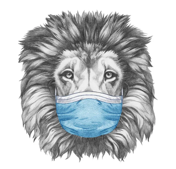 戴着医疗面具的狮子的漂亮素描画像 — 图库照片