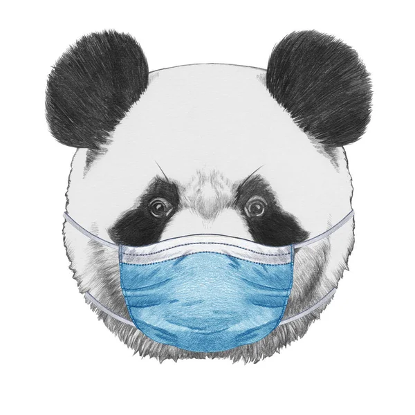 带医疗面具的熊猫的肖像 手绘插图 数字彩色 — 图库照片