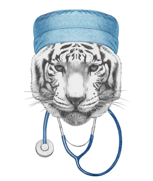 Hand Drawn Portrait Tiger Stethoscope Covid 2019 Corona Virus — Stock Photo, Image