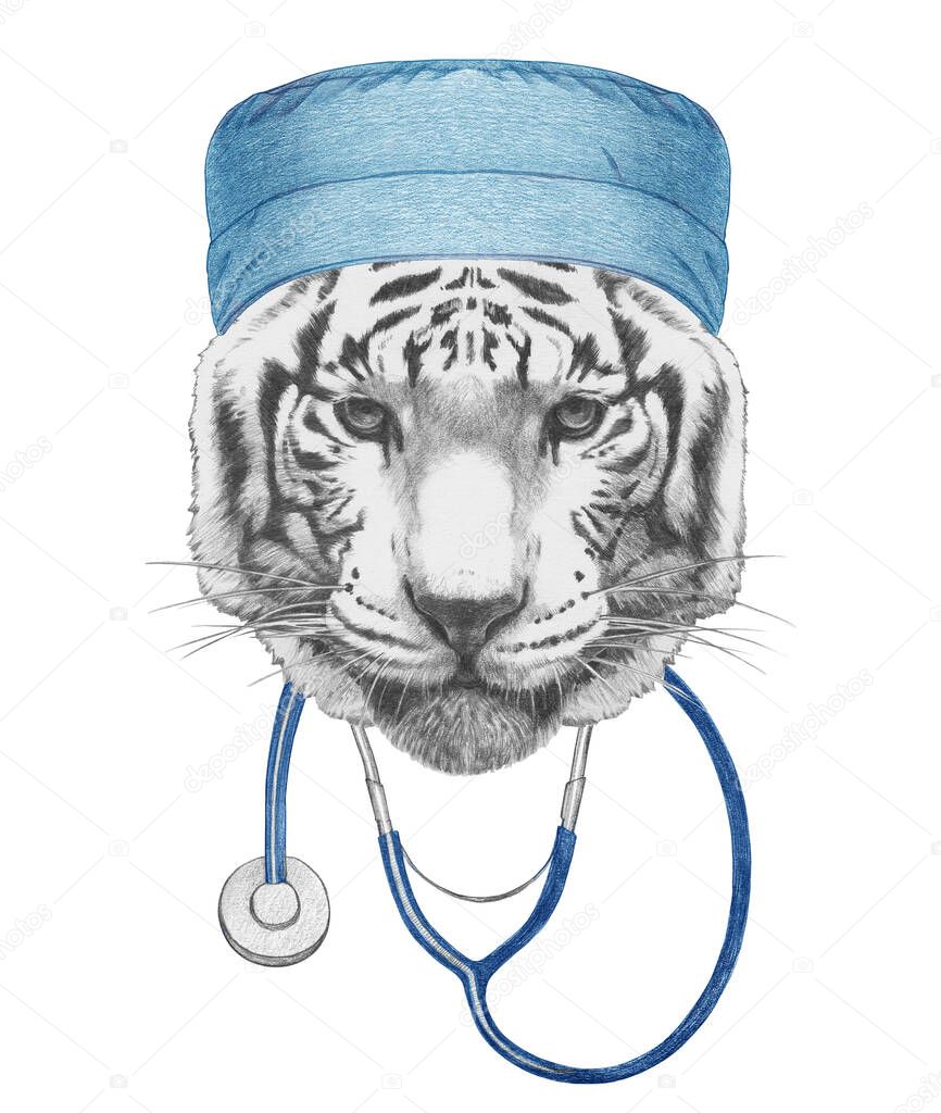 Hand drawn portrait of Tiger with stethoscope. Covid 2019 corona virus