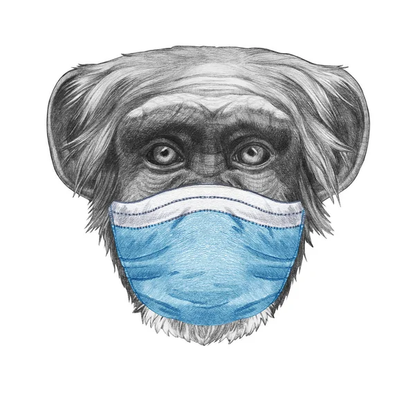 用医用面罩刻画猴子的肖像 Covid 2019 Corona病毒 — 图库照片