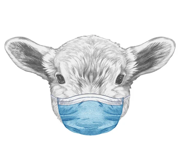 医療用マスクにヤギのスケッチ肖像画 Covid 2019コロナウイルス — ストック写真