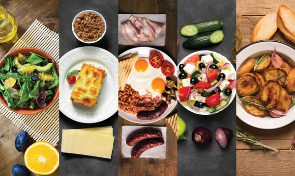 Collage aus verschiedenen Bildern von leckerem Essen. schwarzer und hölzerner Hintergrund — Stockfoto