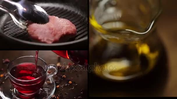 Коллаж из различных видео вкусной еды и напитков — стоковое видео