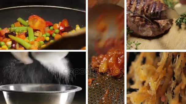 Κολάζ από διαφορετικά βίντεο από νόστιμο φαγητό και ποτά — Αρχείο Βίντεο