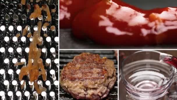 Collage från olika videor av välsmakande mat och dryck — Stockvideo